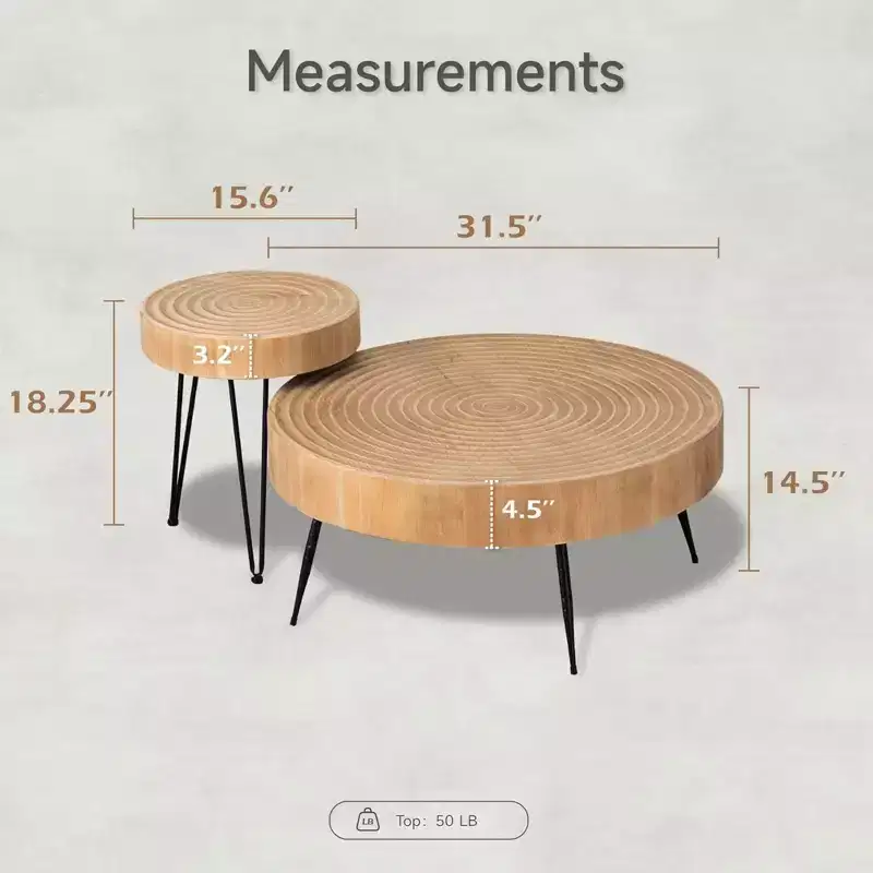COZAYH 2-Piece Modern Farmhouse Living Room Coffee Table Set, Nesting Table Round Natural Finish with Handcrafted Wood, Ring Pattern