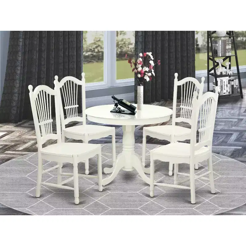 Round Dining Table Set - 5 Piece Kitchen Table with Chairs, Antique Linen White Finish, 36 Inch Table
