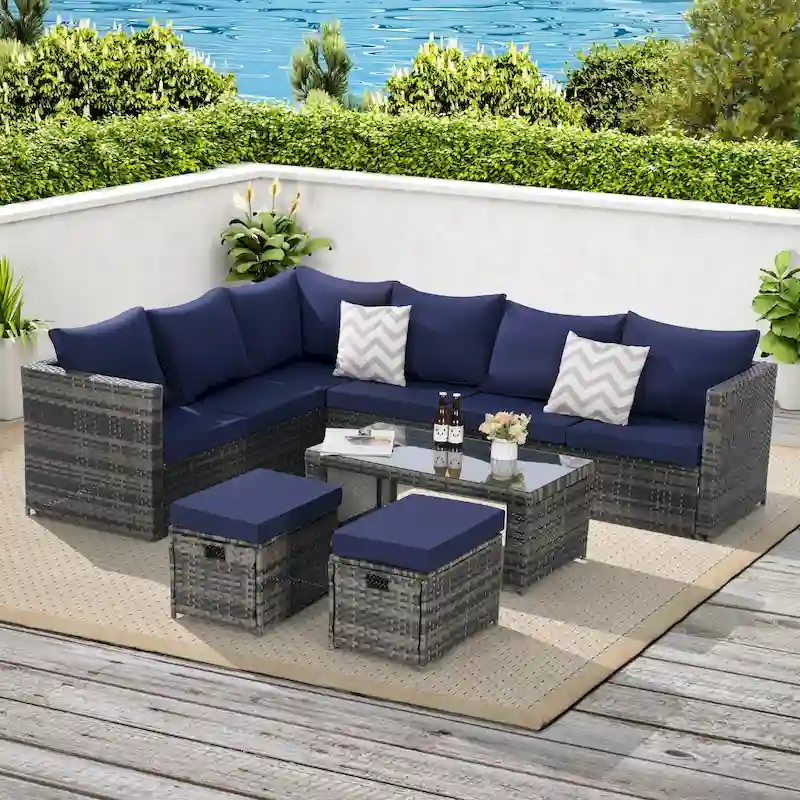 6-Piece Rattan Sectional Sofa Set with Glass Table