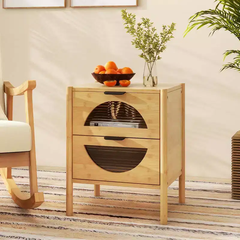 1/2 PCS Bamboo Nightstand with 2 Storage Drawers & Reeded Tempered Glass Fronts Bedroom