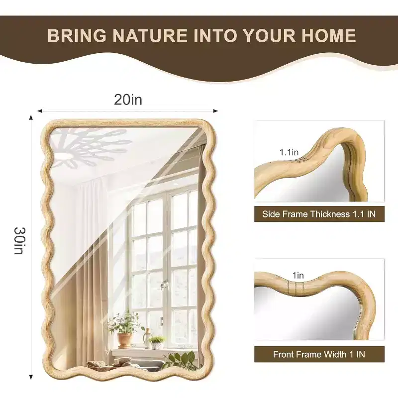 30x20 Wavy Wall Mirror with Wooden Frame, Boho Style for Bathroom, Bedroom, Entryway & Farmhouse