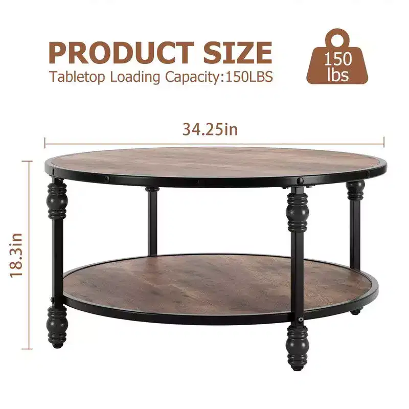 Round Coffee Table for Living Room Rustic Center Table with Storage Shelf Wood Circle Coffee Table with Sturdy Metal Legs