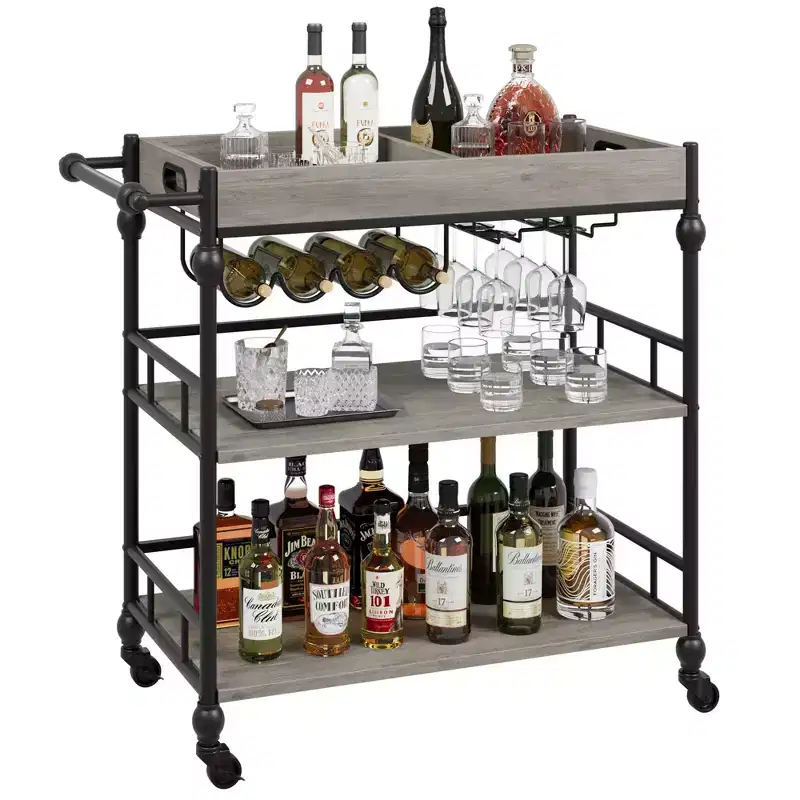 3-Tier Rolling Bar Cart with Wine Rack & Glass Holders, Drink Trolley On Wheels for Kitchen, Dining Room, Party
