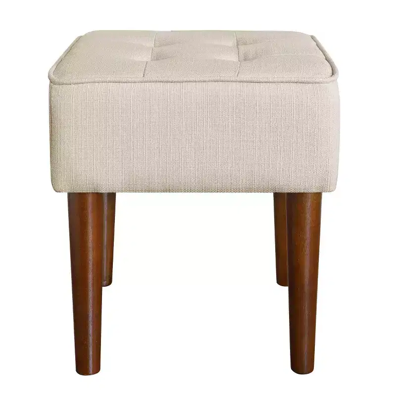 Square Tufted Stool, Upholstered Ottoman with Wood Legs