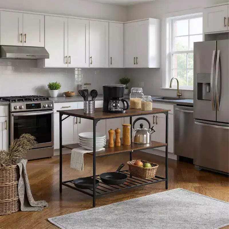 FDW 3-Tier Kitchen Island Storage Kitchen Counter with Adjustable Feet Thick Board Top and Solid Metal, Brown