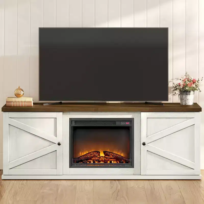 VASAGLE Fireplace TV Stand for TVs up to 80 Inches, 18-Inch ELectric Fireplace with Remote, Media Console Table, Rustic White and Honey Brown