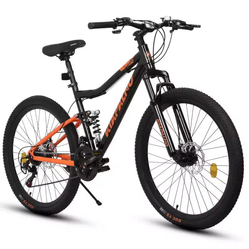 NAYSAYE Bicycle 26 Inch Steel Frame Mountain Bike 21 Speed with Shock Fork and Disc Brakes for Unisex, Black and Orange, 55.91*7.88*28.74