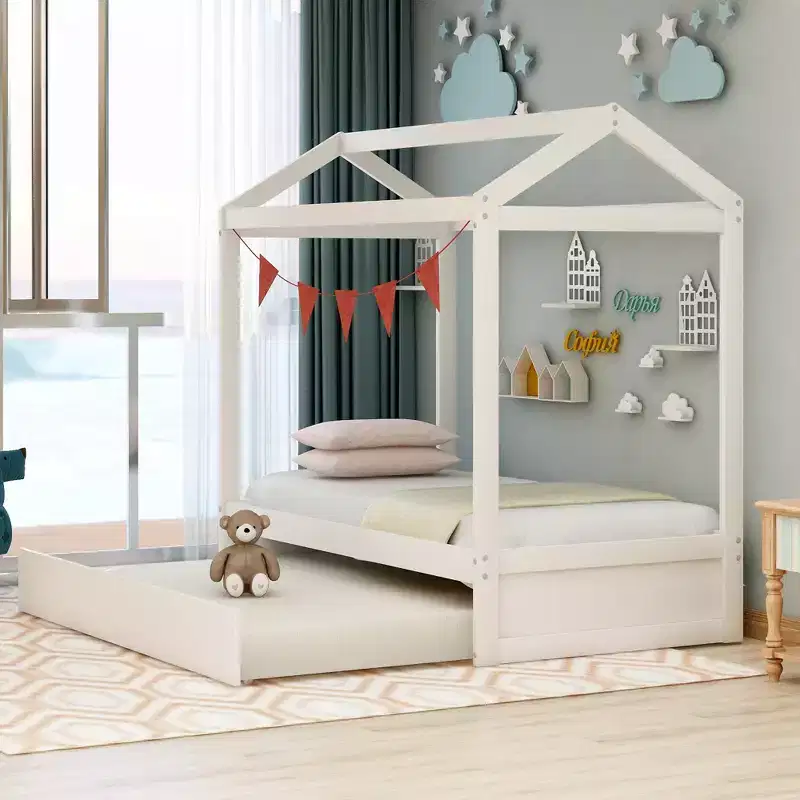 Whisen Wood Decoratable House-Shaped Bed with Trundle - White