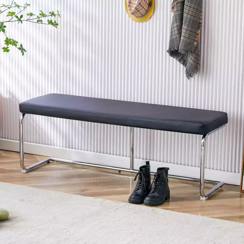 Leather Bench with Silver Metal Legs