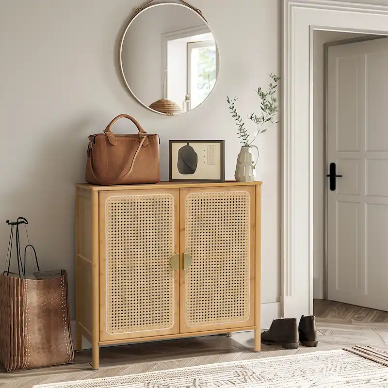 Natural Rattan BOHO Sideboard Buffet Cabinet – Bamboo & PE Rattan, Gold Handles, 1–2 Person Assembly