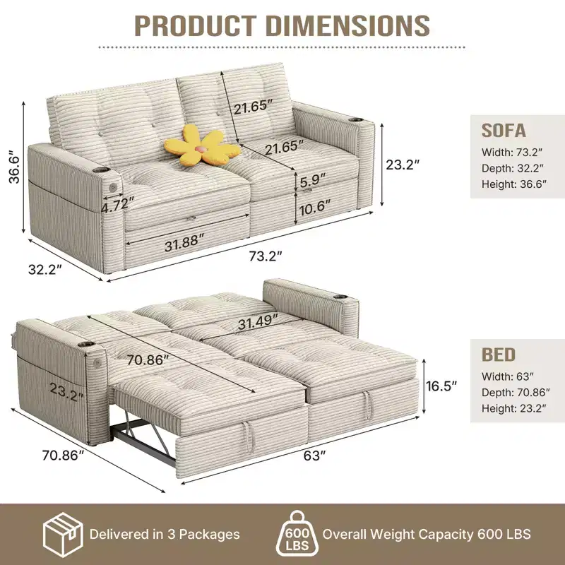 MooxvMoo 73 Queen Size Loveseat Sleeper Sofa w/ Pull Out Bed, Pockets and USB, Modern 2 Seater Convertible Small Couch for Living Room, Beige