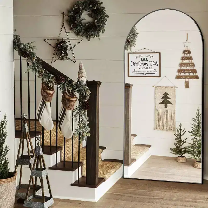 31 in. W x 71 in. H Full Length Arched Free Standing Body Mirror, Metal Frame, Black