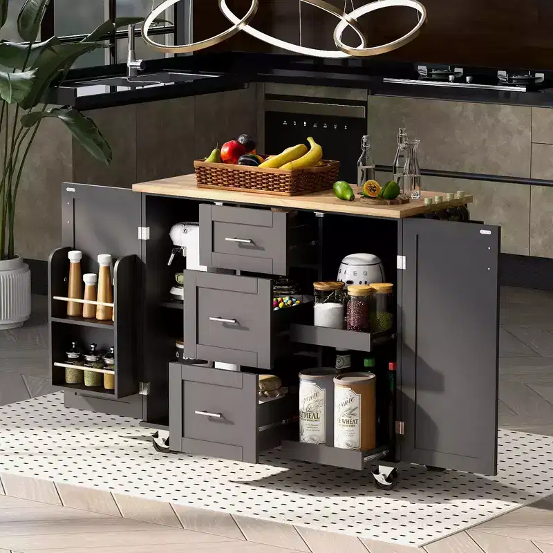 Rolling Kitchen Island with Rubber Wood Top, 3 Drawers, 2 Slide-Out Shelves, Internal Storage Rack, and Spice Rack for Kitchen Convenience