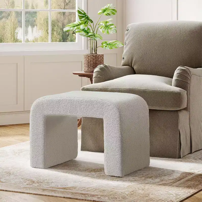 Modern Upholstered Vanity Stool Ottoman, Arched Sofa Footrest, Fully Assembled