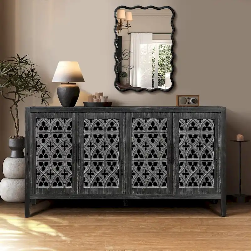 Hollow Four Door Antique Cabinet, Suitable for Living Room, TV Cabinet, Kitchen (Antique Black)