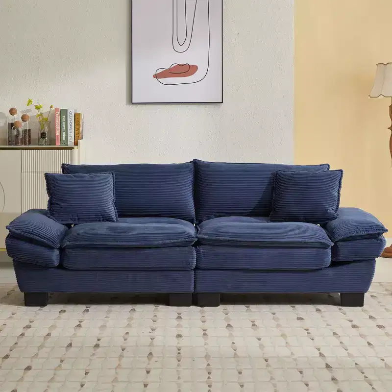 Corduroy Loveseat Upholstered Deep Seat Comfortable Sofa with Pillows for Bedroom Living Room Office Blue