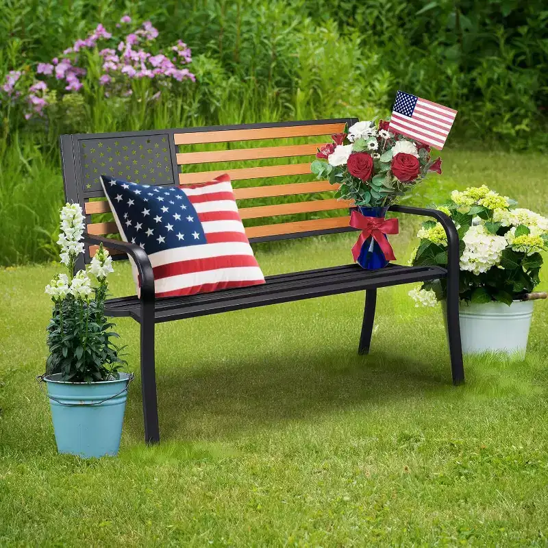 VINGLI Outdoor Metal Bench, 50in Weatherproof Garden Bench w/American Flag Style, 2-Person Sturdy Steel Patio Bench