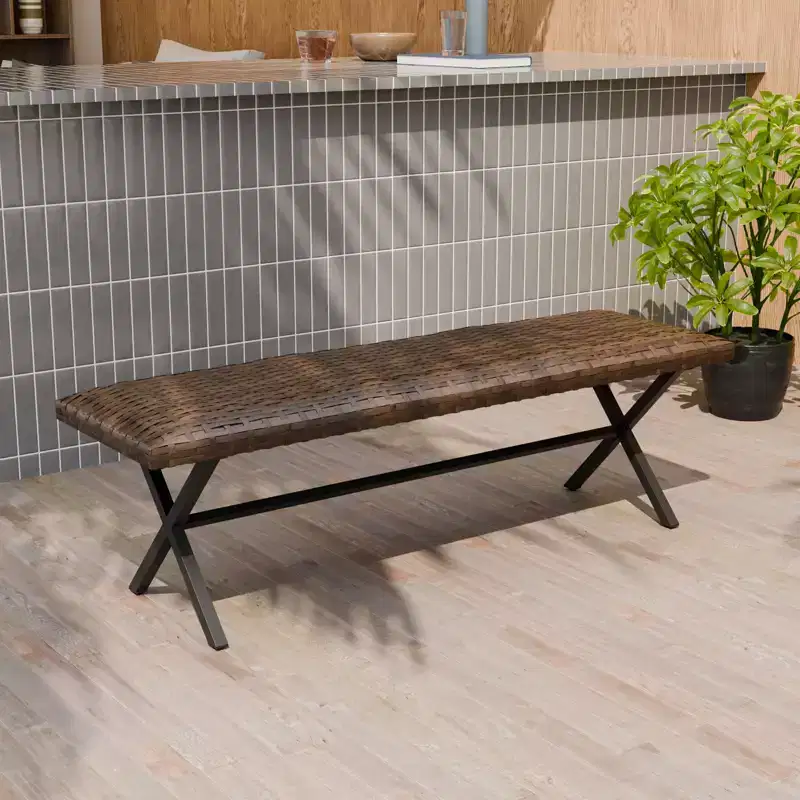 EAGLE PEAK Outdoor Wicker Dining Bench, All Weather PE Rattan Patio Bench for Garden, Deck, Porch, Living Room or Entryway, Brown