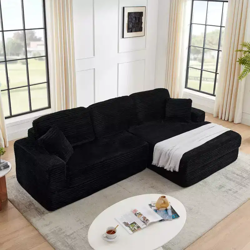 Black Corduroy L-Shape Modular Sectional Sofa, Convertible Sleeper Couch for Living Room