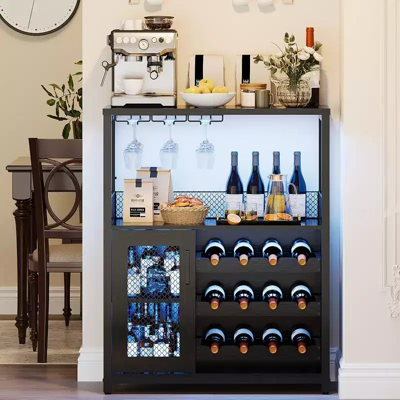 Wine Bar Cabinet with 12-Bottle Rack & Stemware Holder, Industrial Sideboard with Mesh Door, Metal Frame