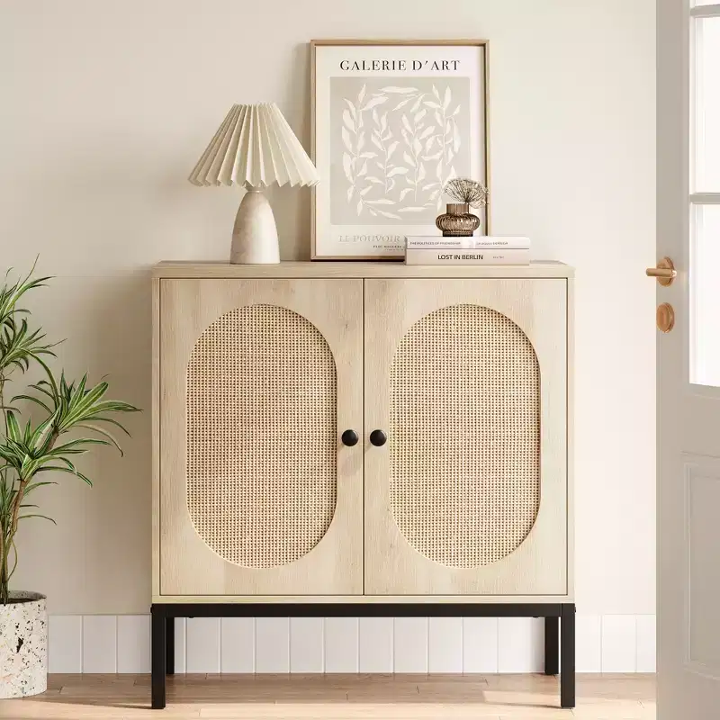 Whizmax Rattan Buffet Cabinet, Natural Storage Cabinet with Adjustable Shelves, Small Sideboard Table for Dining Room Kitchen Living Room Hallway