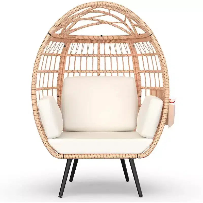 Egg Chair Oversized Lounger with UV-Resistant Cushions, All-Weather Wicker for Indoor/Outdoor, 370lbs Capacity, White
