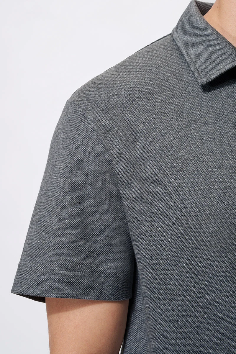 Waffle-Knit Buttonless Polo – Denim Blue