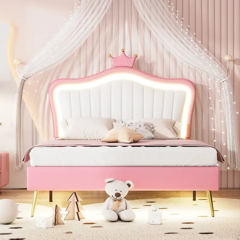 Pink Full Size LED Crown Headboard Platform Bed: MDF, Plywood, PU, Metal, 600LBS Capacity