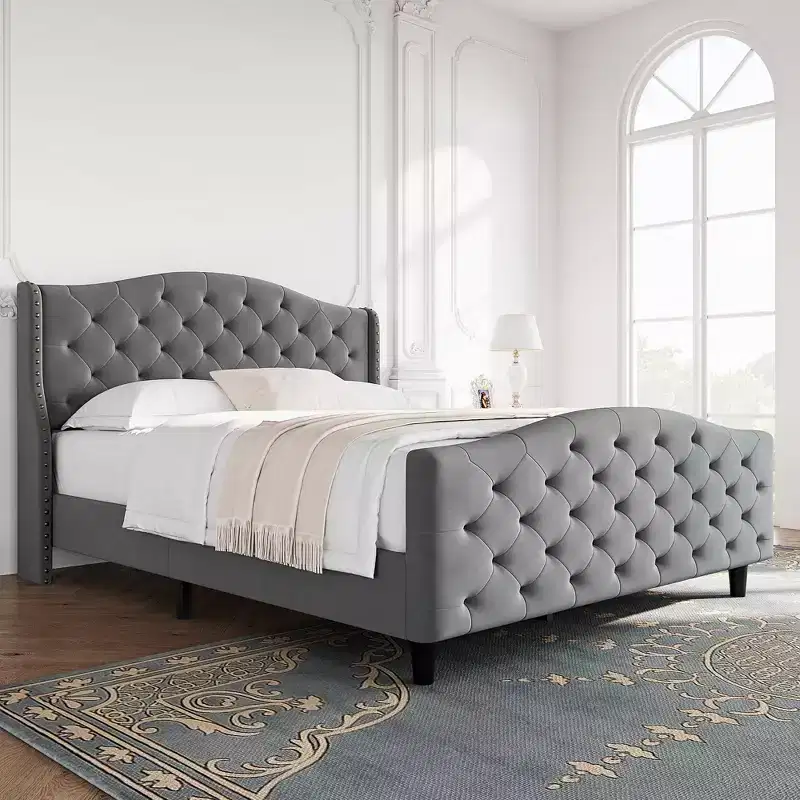 Queen Size Velvet Tufted Platform Bed Frame with Wingback Headboard - Wood Slat Support, No Box Spring Needed, Gray Upholstered Bed