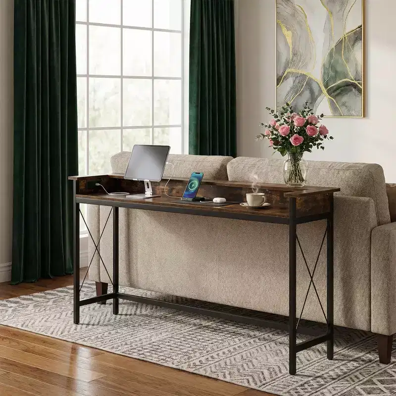 MAYEERTY 70.9-Inch Industrial Console Table, Entryway Sofa Table with Outlets and USB Ports
