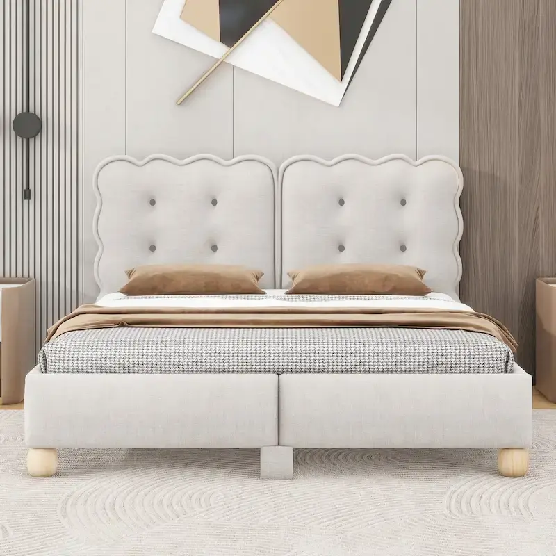 Queen Size Tufted Beige Upholstered Platform Bed