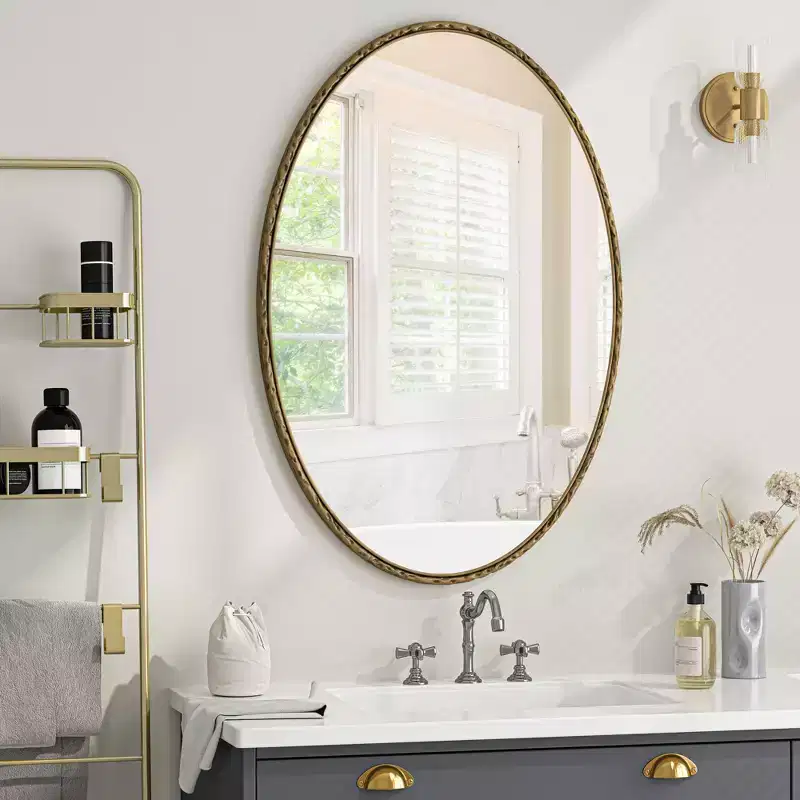 39IN Vintage Oval Bathroom Mirror with Metal Frame, Aged Effect Wall Mirror, Vanity Mirror for Bathroom, Living Room, Bedroom