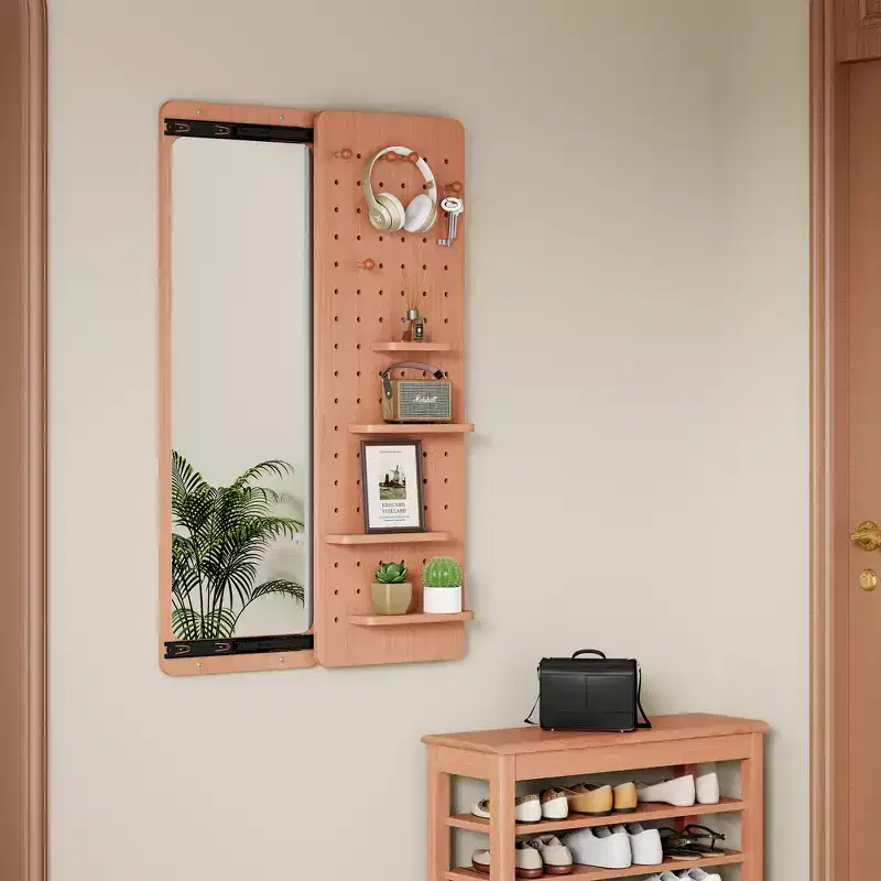 Whisen Rubber Wooden Wall-Mounted Full-Length Mirror with Removable Panel and Adjustable Hooks
