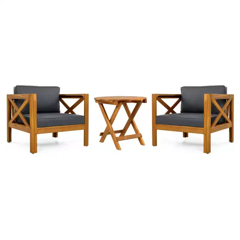 NAYSAYE Patio Chaise Lounges Outdoor Wood Conversation Set with Cushions and Foldable Table for Patio, Gray and Teak, 28.7*27.9*24