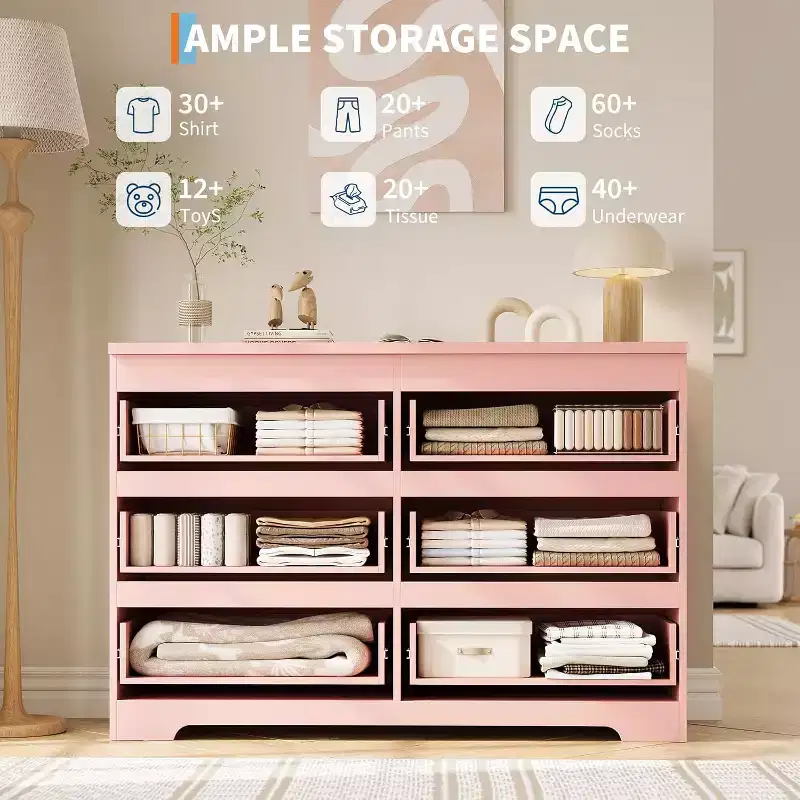 6-Drawer Dresser, Simply Modern Chest of Drawers for Bedroom, Pink