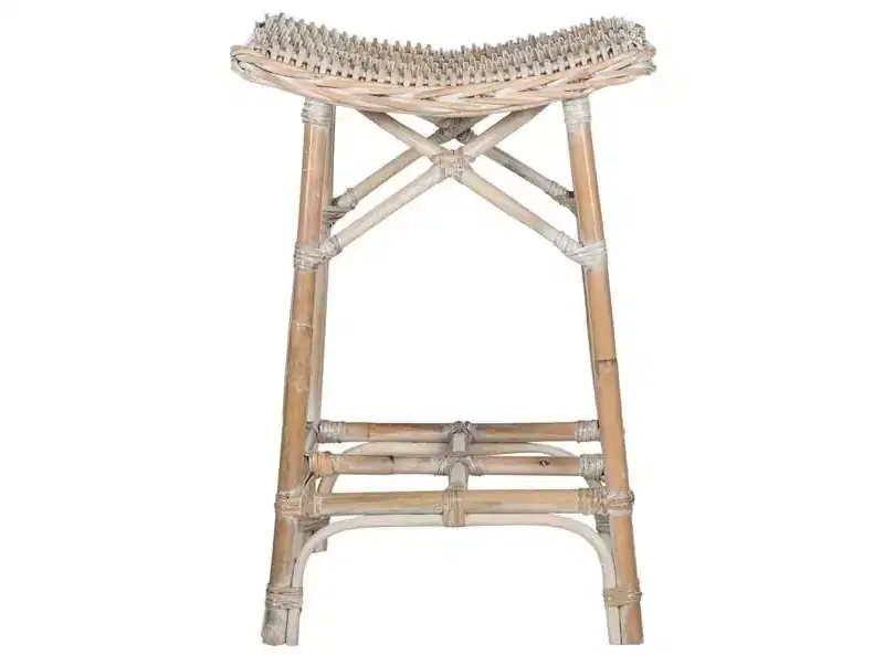 Rattan Wicker Bar Stool, White Washed, Backless & Armless, 275 lb Capacity, Fixed Height