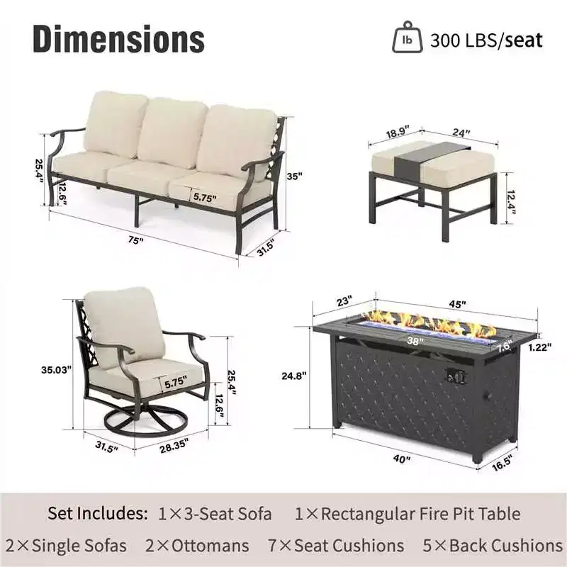 Captiva Designs 6pc Metal Patio Outdoor Conversation Fire Pit Set with Swivel Armchairs and Ottomans