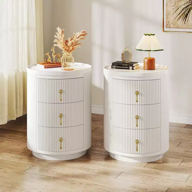 Lantine 3 Drawers Nightstand Set of 2, No Assembly Bedside Table for Bedroom, Small Round End Side Table with Storage and Gold Handles