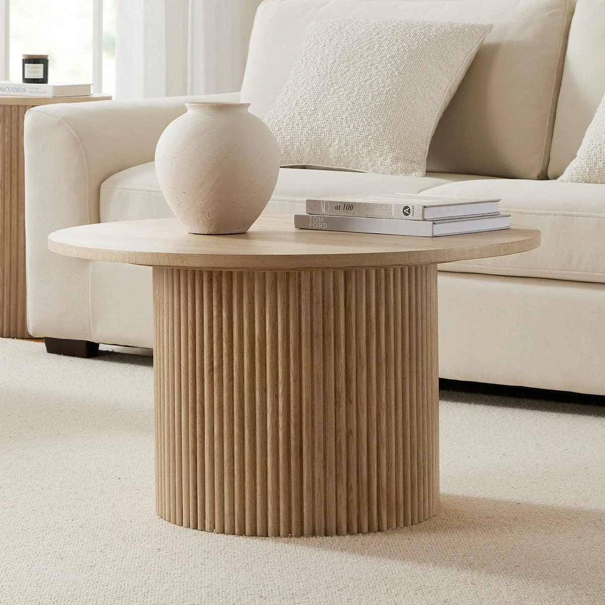 Scandi Light Wood Coffee Table with Panelled Cylindrical Base for Living Room