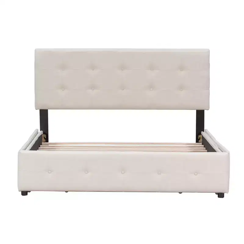 Upholstered Platform Bed with Classic Headboard and 4 Drawers No Box Spring Needed Linen Fabric Queen Size Beige