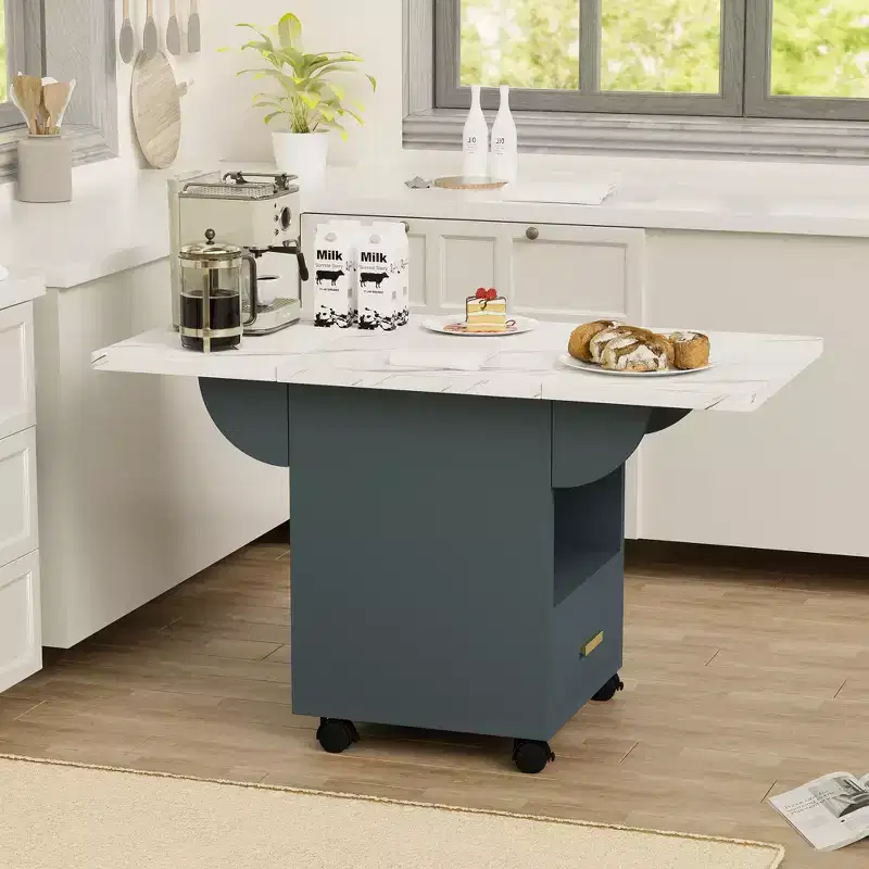 Folding Kitchen Island Table with Wheels, Marble Texture Top, Storage Drawer & Rack, 500 lb