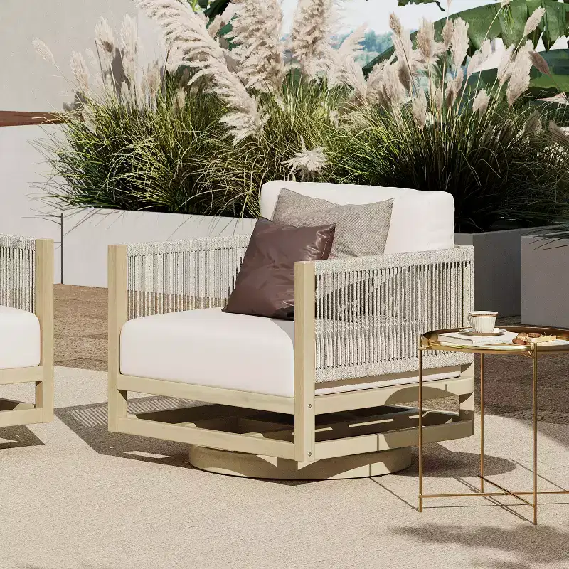 ModernLuxe Patio Swivel Chair Outdoor Acacia Wood Club Chair, Teak Finish, Cream Cushion, Rope-Woven Chair for Garden/Patio