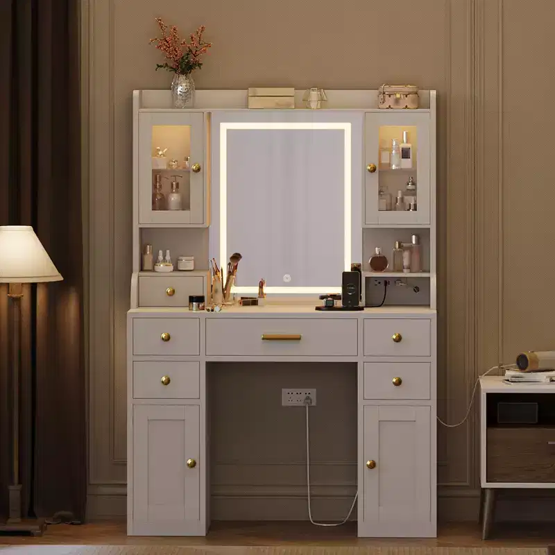 Vanity Desk with Charging Station and LED Mirror, Makeup Dressing Table, 3 Light Modes, 6 Drawers, Cabinet and Shelves, White