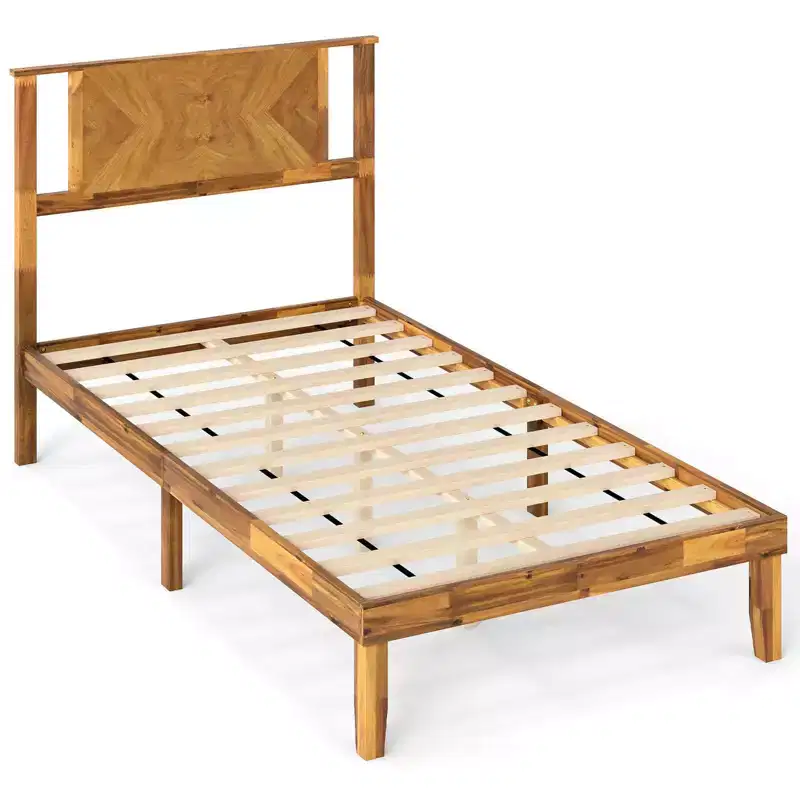 Rustic Wood Platform Bed Frame with Headboard & Under-Bed Storage, 12 Slats, No Box Spring, Twin/Full/Queen