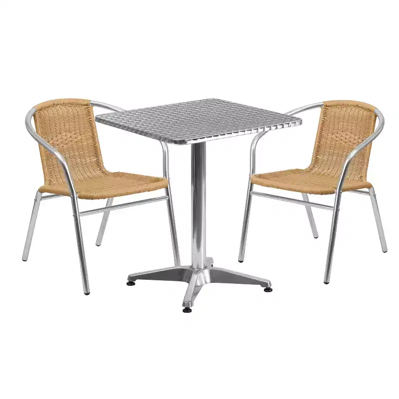 Emma and Oliver 23.5 Square Aluminum Garden Patio Table Set with 2 Rattan Chairs