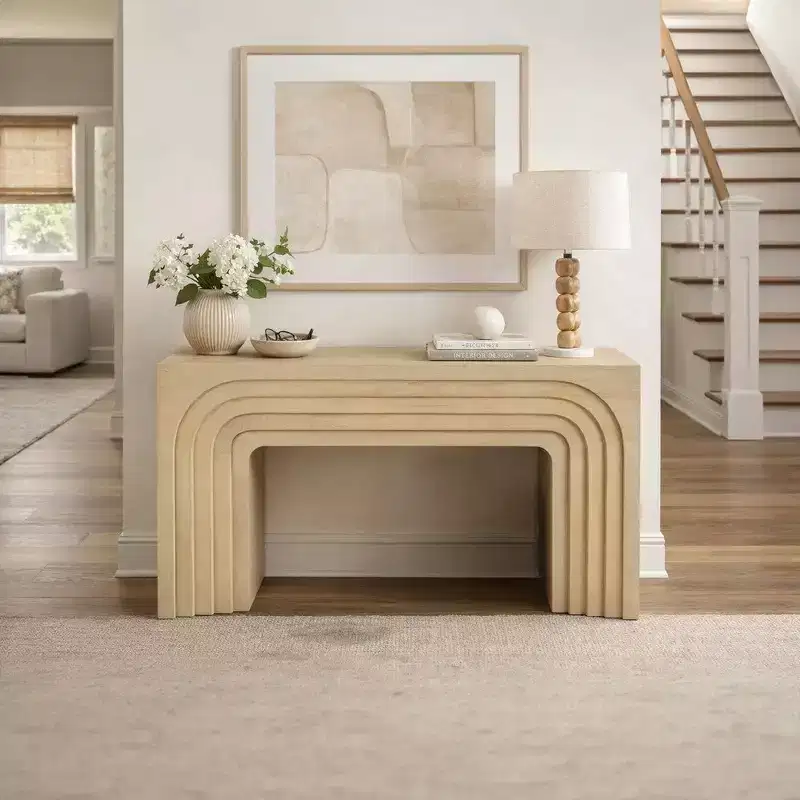 Royal Hampton Console Sofa Table, 53 Inch Sculpted Arch, Light Beige Mango Wood