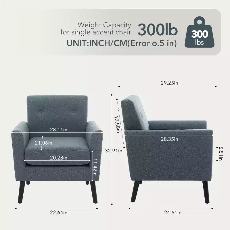 Fabric Accent Chair with Wood Legs, Mid-Century Modern Armchair for Living Room, Bedroom, Apartment