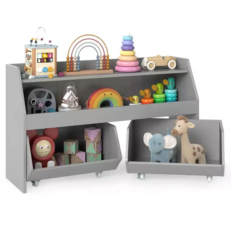Kids Toy Storage Organizer with 2 Movable Drawers Open Shelf Compartment for Kids Gray/White