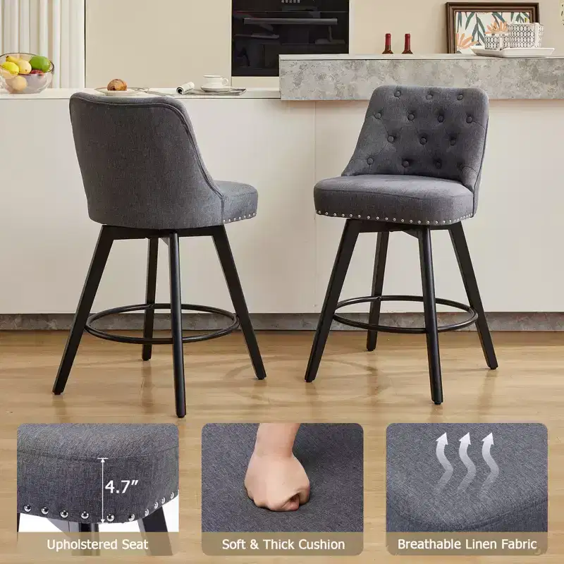 26 H Set of 2 Swivel Bar Chair with Back Solid Wood Legs and Faux Leather Upholstered Back for Kitchen Island