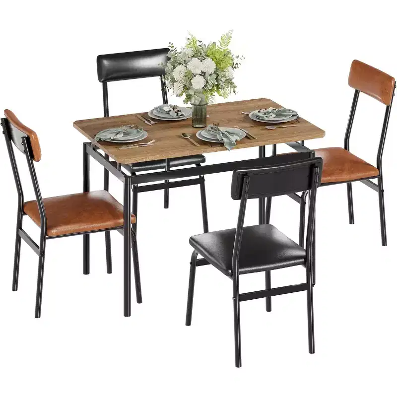 Acekool 5-Piece Dining Table Set, Brown Woodgrain Table , Space Saving, for Kitchen